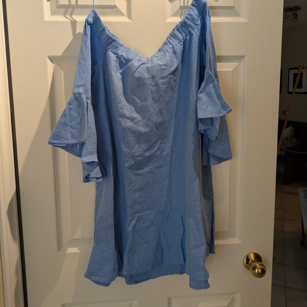 Zara Off-Shoulder Ruffle Sleeve Linen Blend - Picture 2 of 6